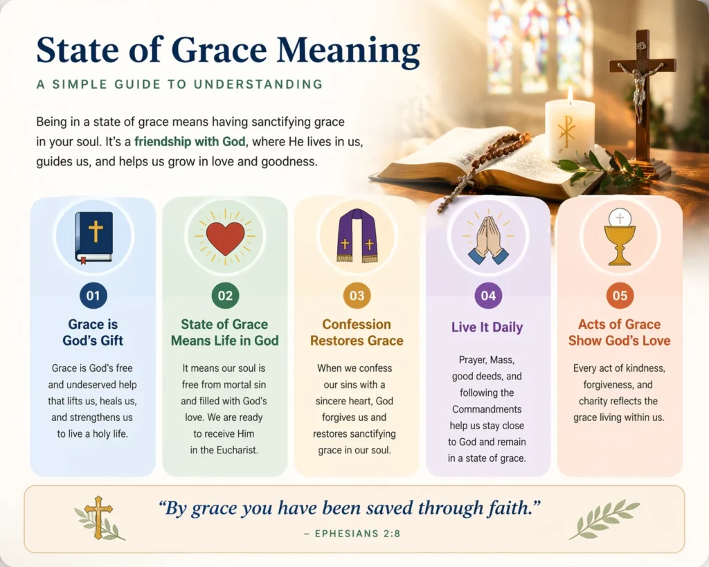 Infographic illustrating the concept of 'State of Grace' in Catholicism, highlighting key aspects like grace as God's gift, the importance of confession, living daily in grace, and showing God's love through acts of grace.