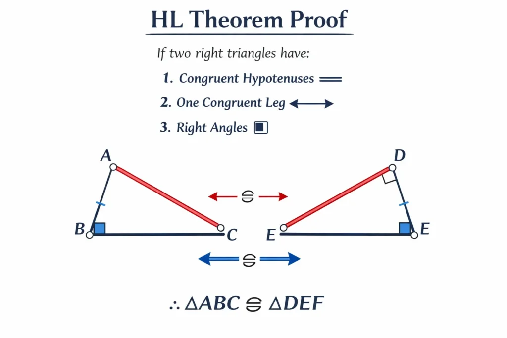 HL theorem diagram showing equal hypotenuse and one leg in right triangles