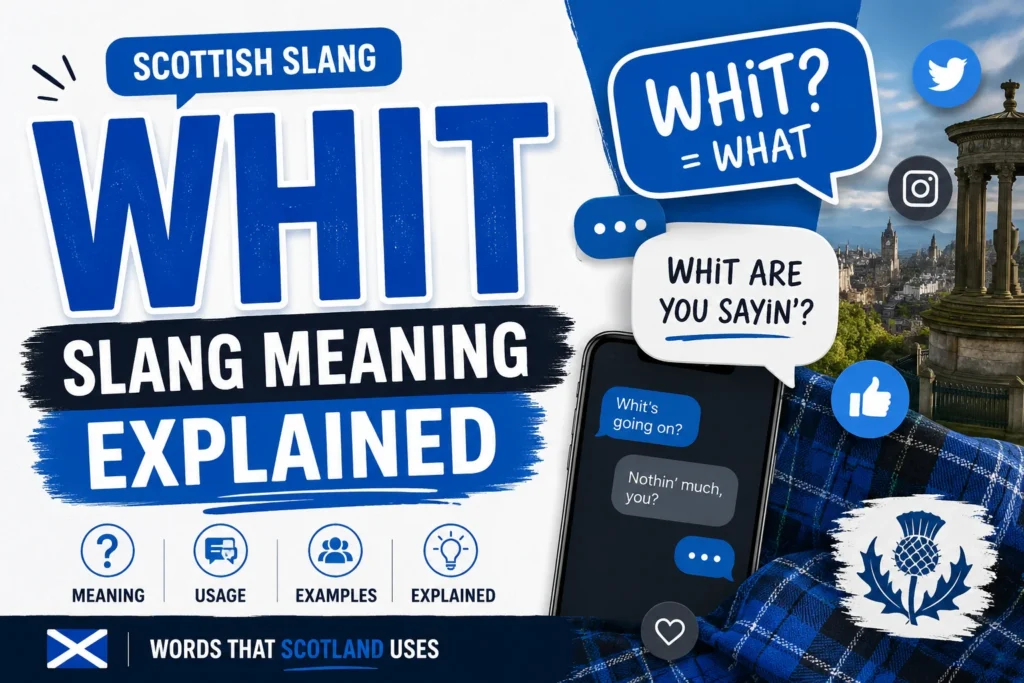 Illustration explaining the slang meaning of the word whit with texting and Scottish dialect elements