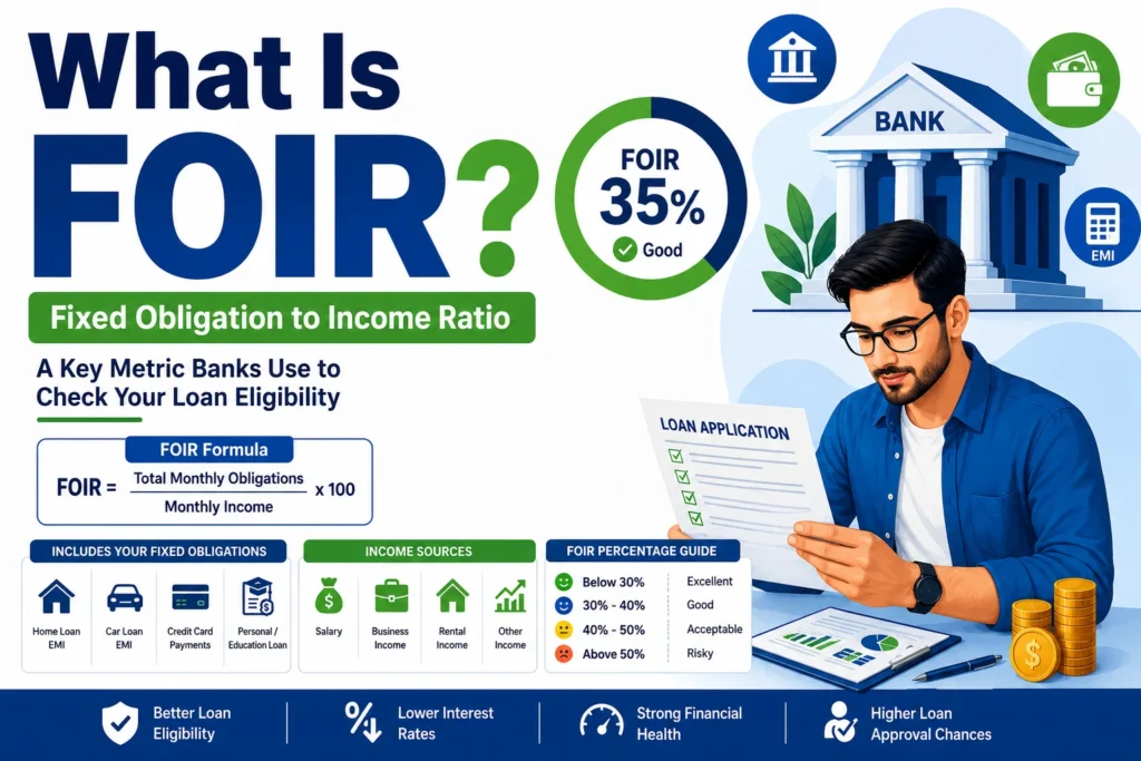 Illustration explaining FOIR (Fixed Obligation to Income Ratio) with a man reviewing loan documents, banking icons, EMI charts, calculator, and financial percentage indicators in blue and green colors.