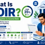 Illustration explaining FOIR (Fixed Obligation to Income Ratio) with a man reviewing loan documents, banking icons, EMI charts, calculator, and financial percentage indicators in blue and green colors.