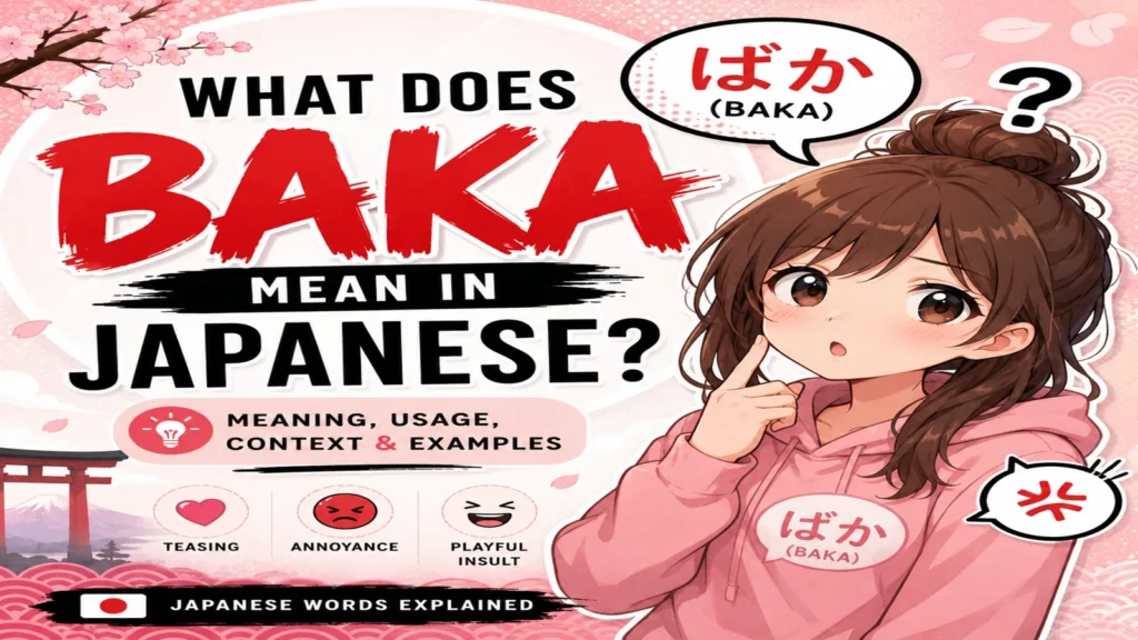 Anime-inspired illustration explaining the meaning of baka in Japanese with Japanese text and playful character expressions.